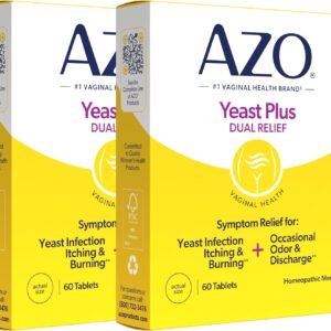 AZO Yeast Plus Dual Homeopathic Yeast Infection Symptom Relief for Women–Vaginal Itching & Burning + Odor & Discharge, Intimate Health Tablets, 2 Pack (60 Count x2), from the #1 Vaginal Health Brand!