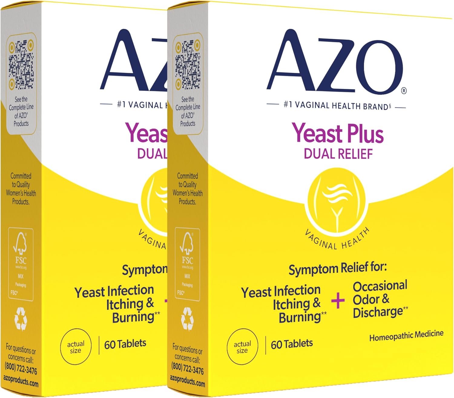 AZO Yeast Plus Dual Homeopathic Yeast Infection Symptom Relief for Women–Vaginal Itching & Burning + Odor & Discharge, Intimate Health Tablets, 2 Pack (60 Count x2), from the #1 Vaginal Health Brand!