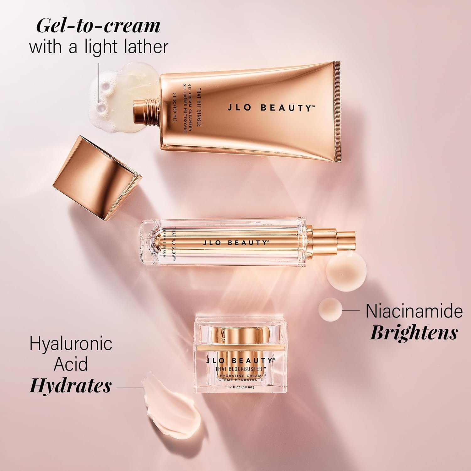 JLO BEAUTY Skin Care Set, 3-Step Daily Routine with Gel Cream Cleanser, Facial Serum & Face Moisturizer, Hydrating & Firming Skincare Set for Smoother, Glowing Skin, 3 Piece Kit - Image 2
