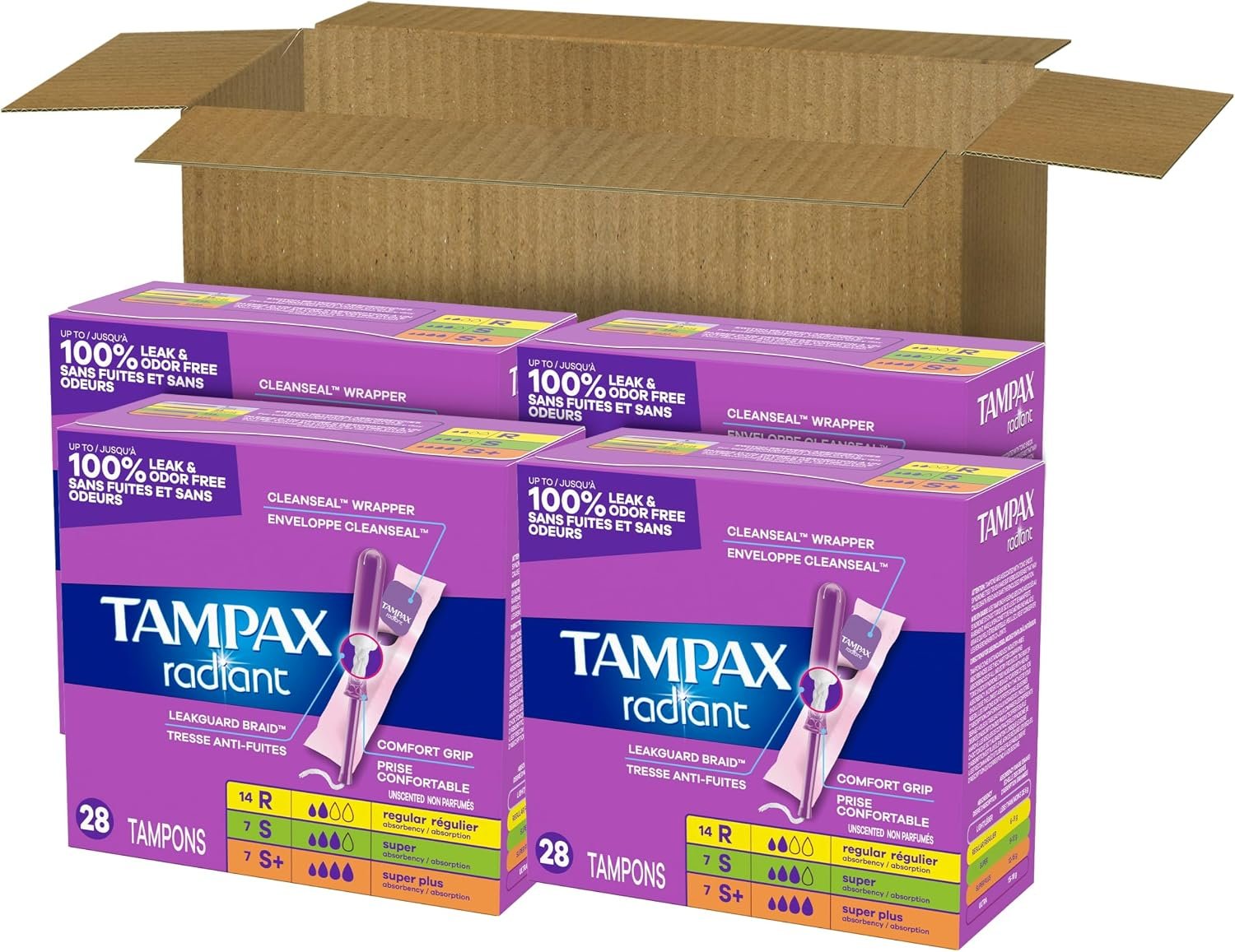 Tampax Radiant Tampons for Women Multipack, with LeakGuard Braid, Regular/Super/Super Plus Absorbency, Unscented, 112 Count (4 Packs of 28), Packaging May Vary - Image 14