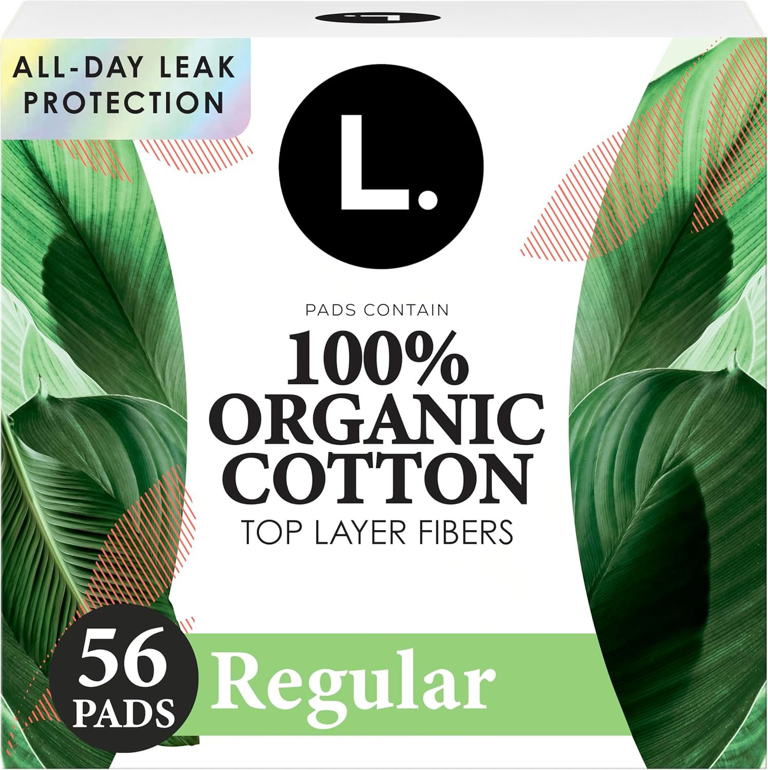 L. Ultra Thin Pads for Women, Regular Absorbency, Organic Cotton Top Layer, Unscented Pads with Wings, 56 Count