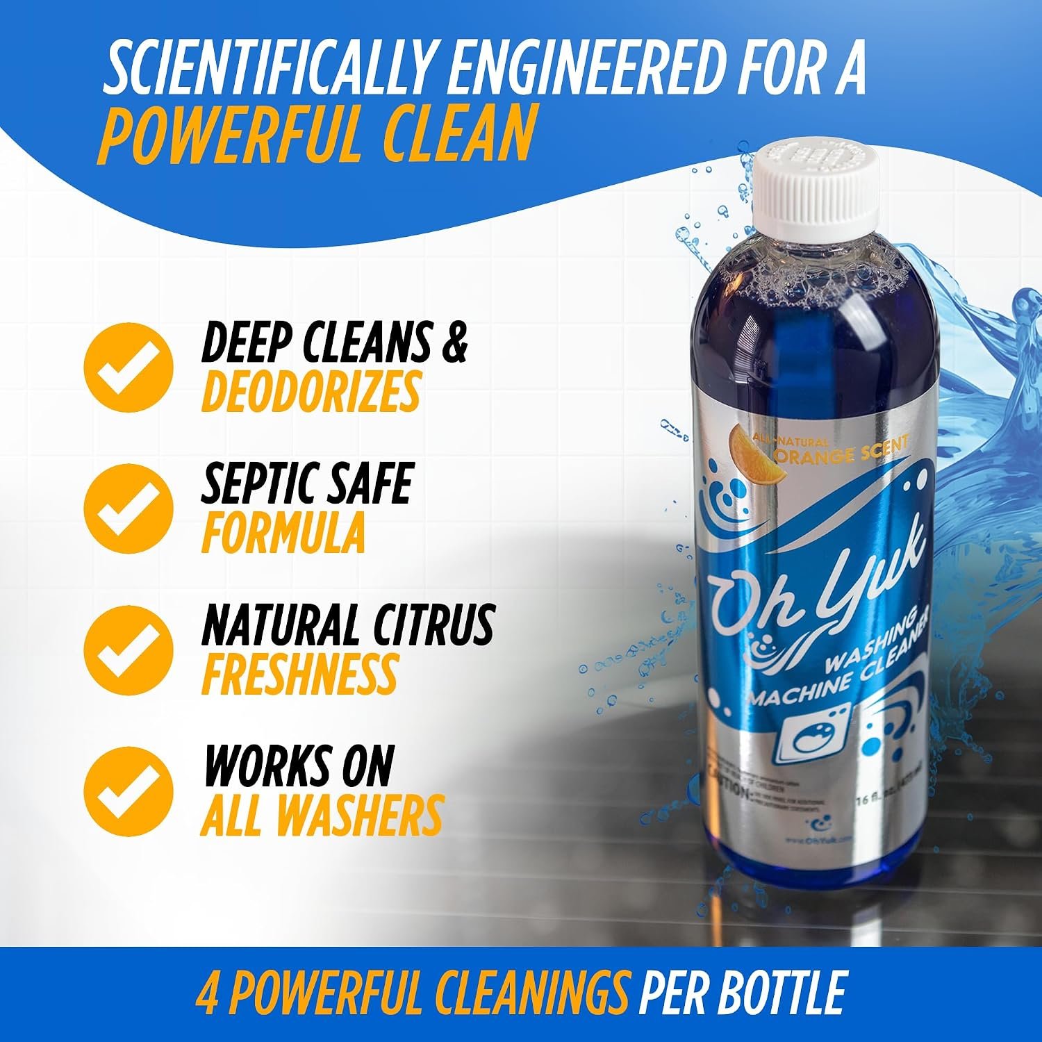 Oh Yuk Washing Machine Cleaner For All Washers (Top Load, Front Load, HE and Non-HE), Natural Citrus Fragrance, Four Cleanings Per Bottle, Septic Safe, 16 Fl Oz - Image 2