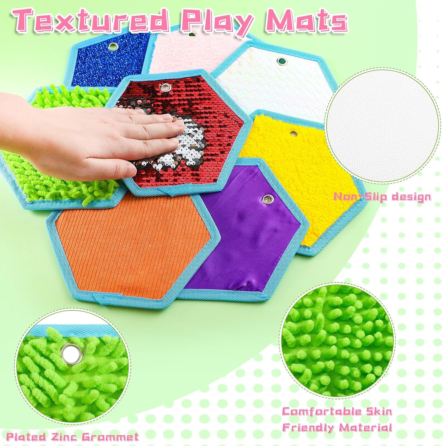 Boao 8 Set Mini Sensory Mats Assorted Textured Play Mats Sensory Floor Tiles Educational Tactile Toys for Activity(7.1 Inch,Hexagon) - Image 4