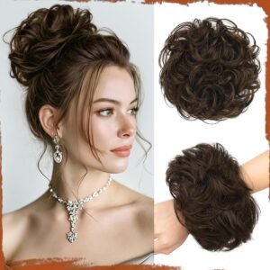 SOFEIYAN Human Hair Bun 100% Real Human Hair Messy Bun Natural Wavy Curly Chignon Hair Bun Extensions Tousled Fake Bun Scrunchies Updo Hair Pieces for Women – Dark Brown
