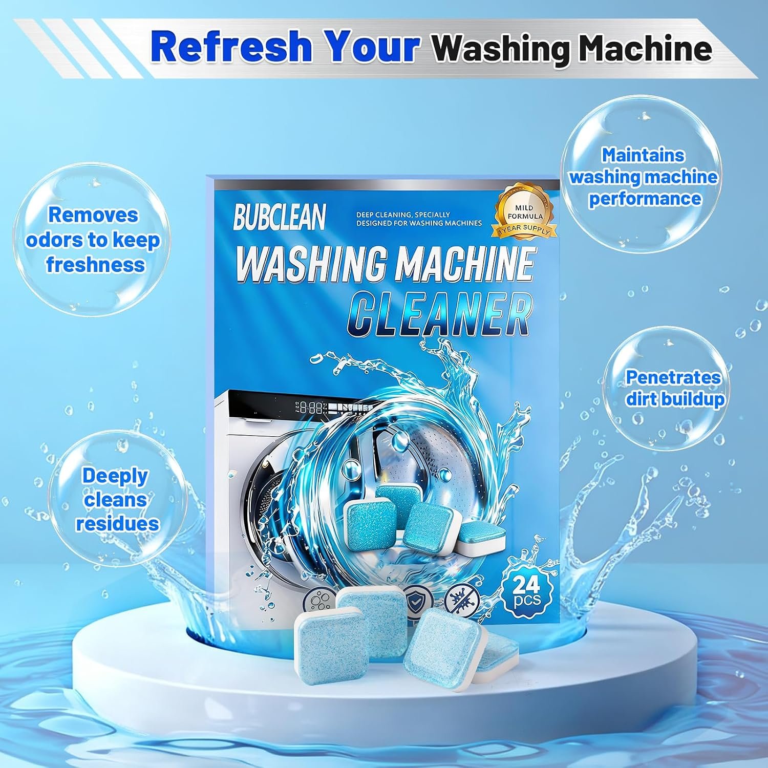 24 pack Washing Machine Cleaner Descaler, Deep Cleaning Tablets for Front Loader, Top Load & HE Washer, Septic Safe Odor & Water Buildup Removal, Clean Drum & Laundry Tub Seal - Image 2