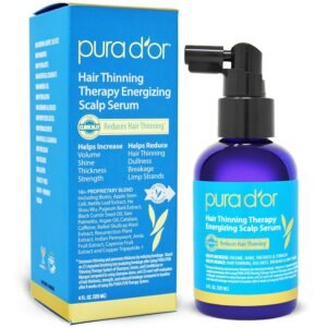 PURA D’OR Hair Thinning Therapy Energizing Scalp Serum 4oz w/Copper Tripeptide, Biotin, Caffeine, Plant Stem Cell, Catalase & DHT Balance, Rosemary Green Tea Leaf Extract, All Hair Types, Men Women