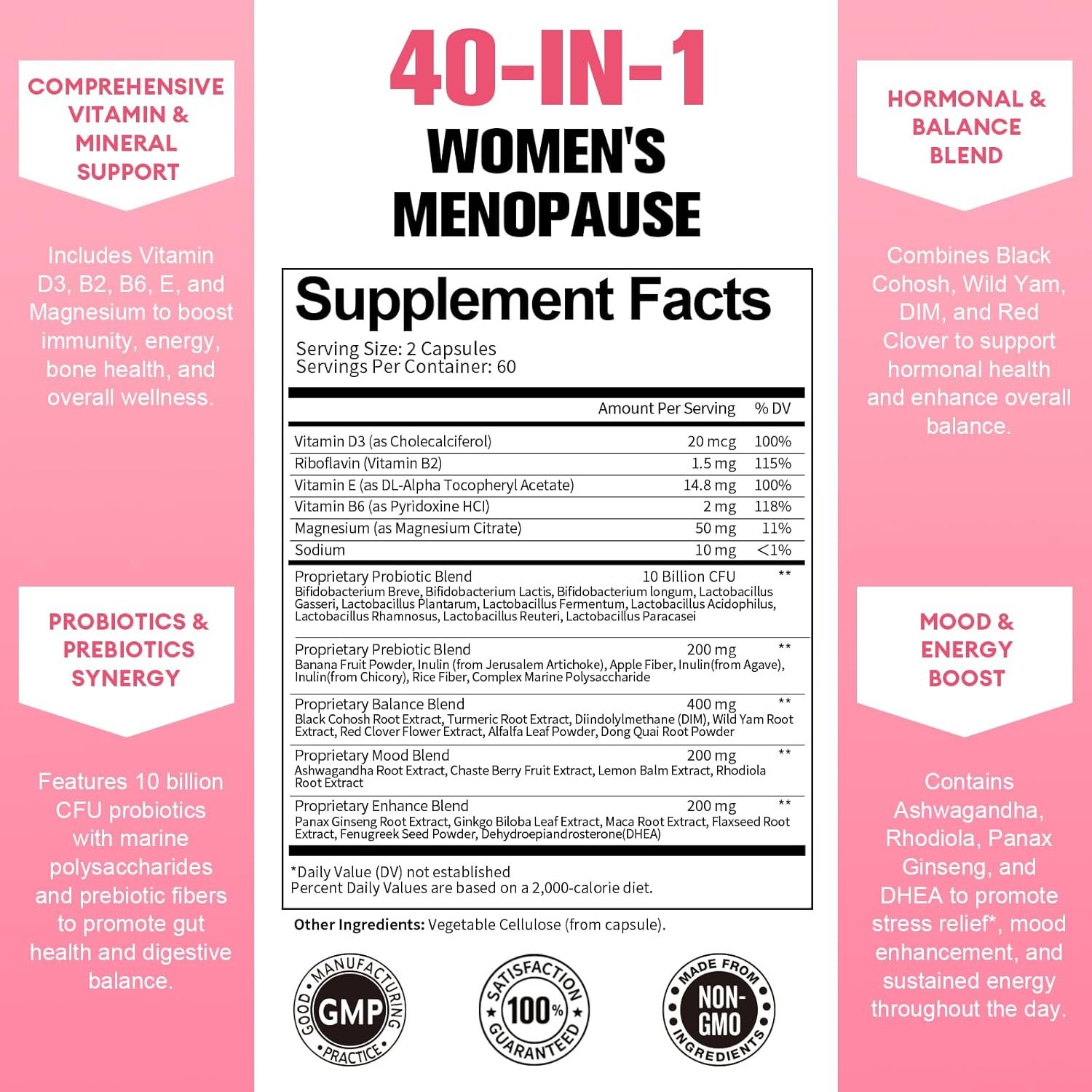 40-in-1 Menopause Supplements for Women, Multibenefit & Complete Black Cohosh for Hot Flashes, Night Sweats & Hormone Balance, w/ Probiotics, DIM, Vitex, Dong Quai, Red Clover and More, 120 Vegan Caps - Image 5