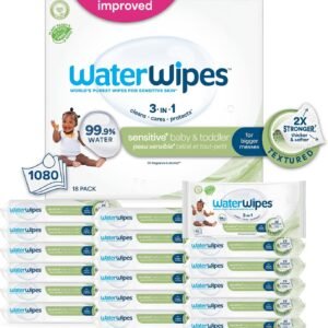 WaterWipes Sensitive+ Baby & Toddler Wipes, 3-In-1 Cleans, Cares, Protects, 99.9% Water, Textured Clean, Unscented & Hypoallergenic, 1080 Count (18 Packs)