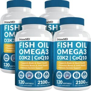 5-in-1 Fish Oil Omega 3 Fatty Supplements (2100mg) – Omega 3 Fish Oil with Vitamins D3 K2 and CoQ10 – Lemon Flavored (120 softgels, Pack of 4)