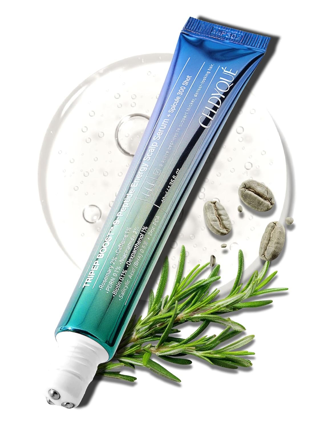 9-Peptide Hair Growth Scalp Care Serum 1.35 Oz(2X Size) - Rosemary 2% Caffeine 1% PDRN & Spicule 300 Roll-On Type | Thicker Fuller-looking Hair w/Niacinamide Zinc PCA | Thinning hair Korean Haircare