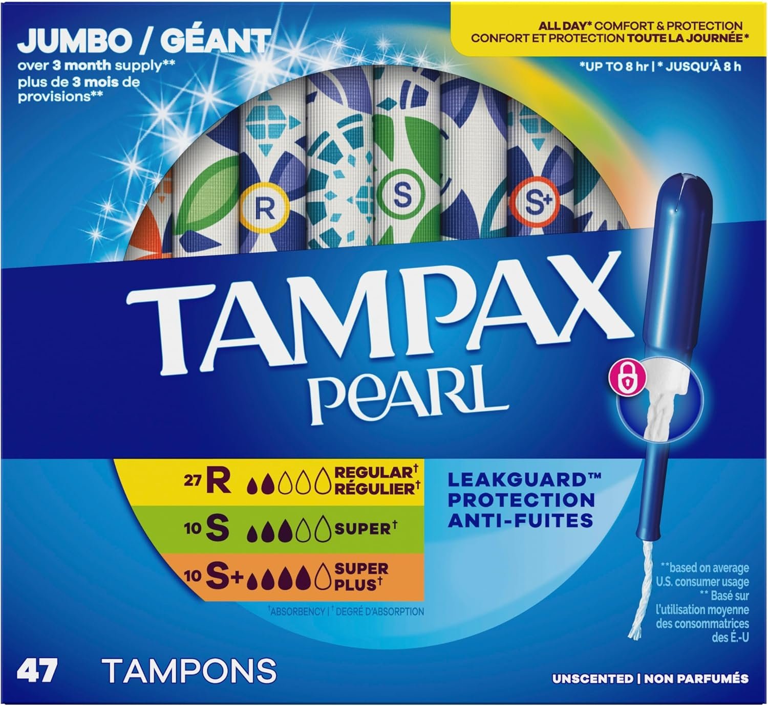 Tampax Pearl Tampons for Women Multipack, with LeakGuard Braid, Regular/Super/Super Plus Absorbency, Unscented, 47 Count - Image 9