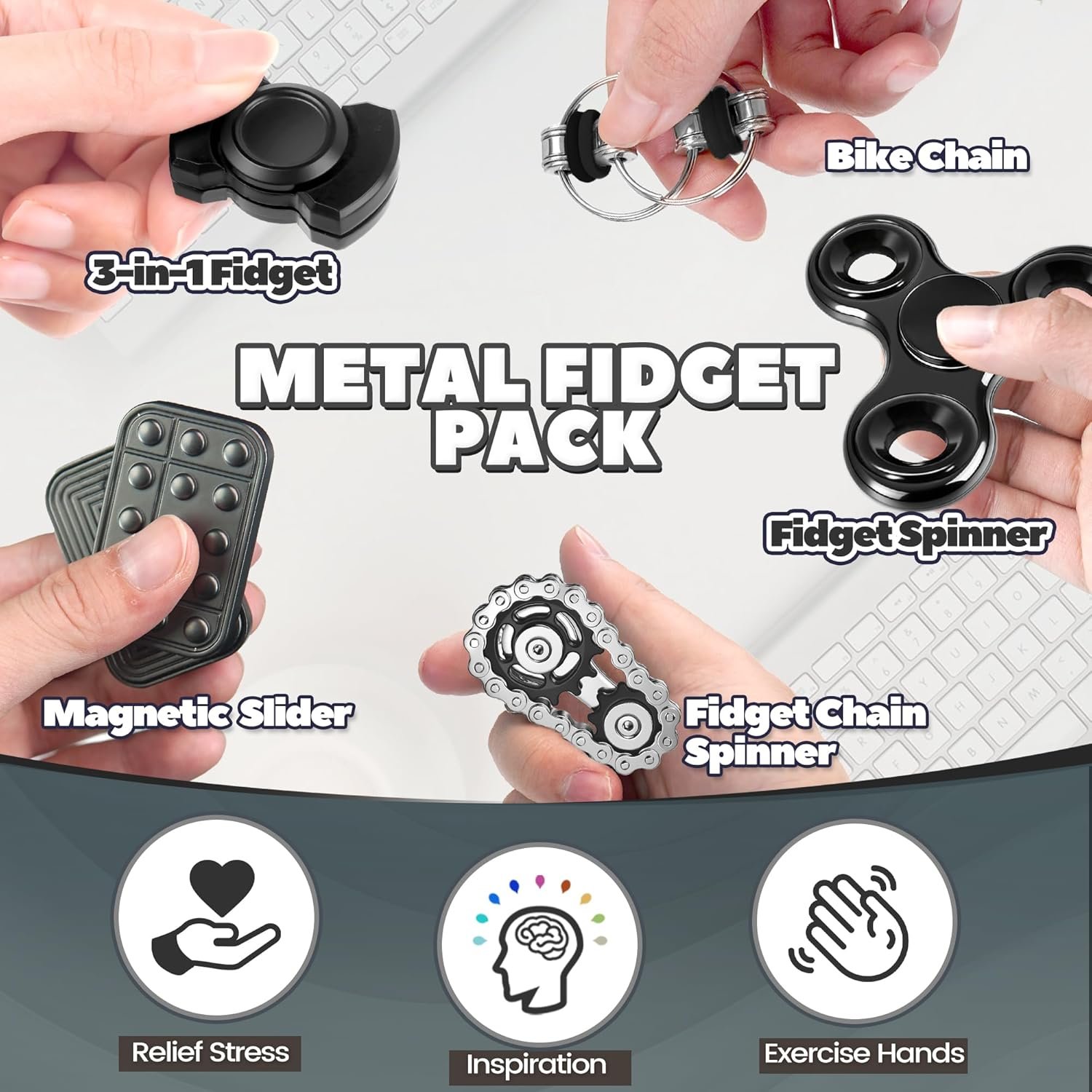 5 Pcs Fidget Toys Adults & Teen Metal Fidgets Spinner for Teens Boys Magnetic Slider Cool Gadgets Office Desk Toy Stress Relief Sensory Items Figette for Classroom Autism ADHD Anxiety Gifts - Image 3