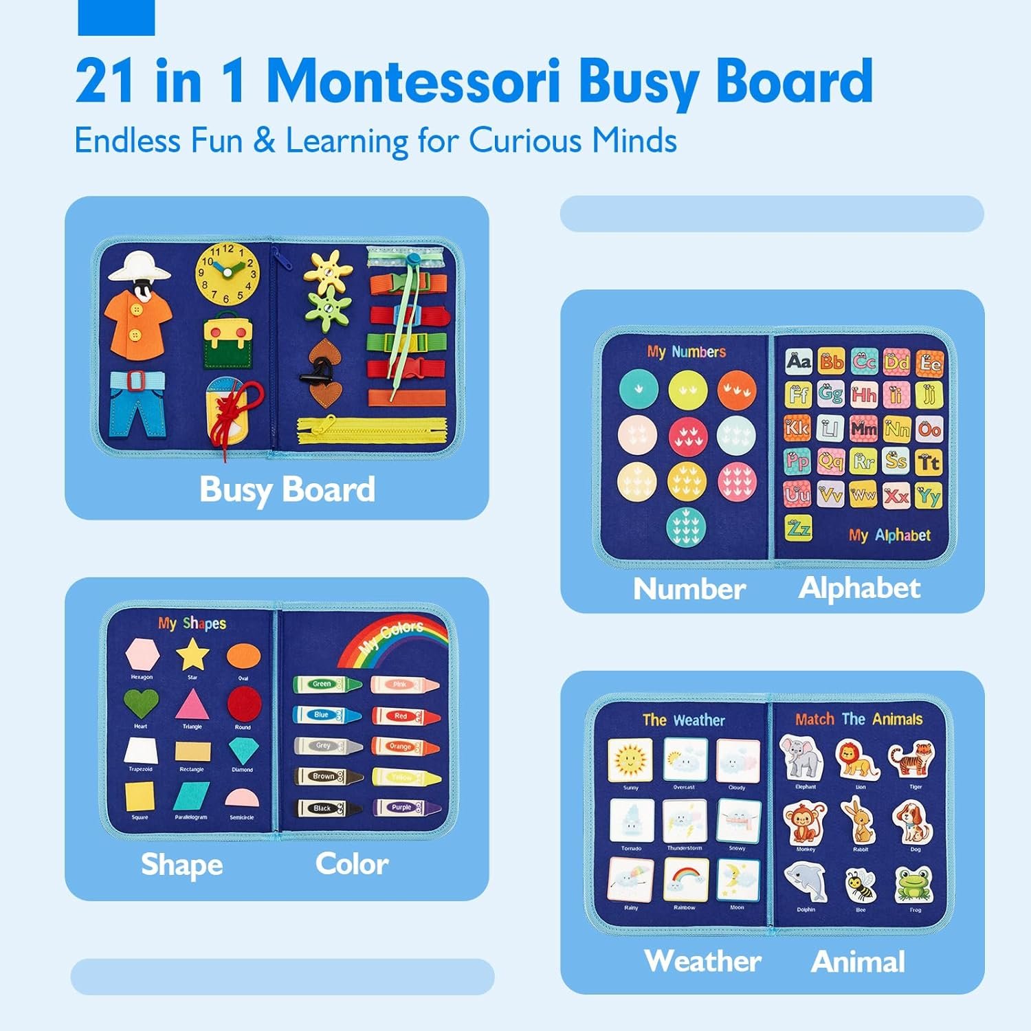 hahaland Busy Board for Toddlers - Montessori Toys Preschool Learning Activities with Life Skills, Alphabet, Number, Shape, Color, Animal, Weather - Toddler Boy Learning Educational Toys, Travel Toys - Image 2