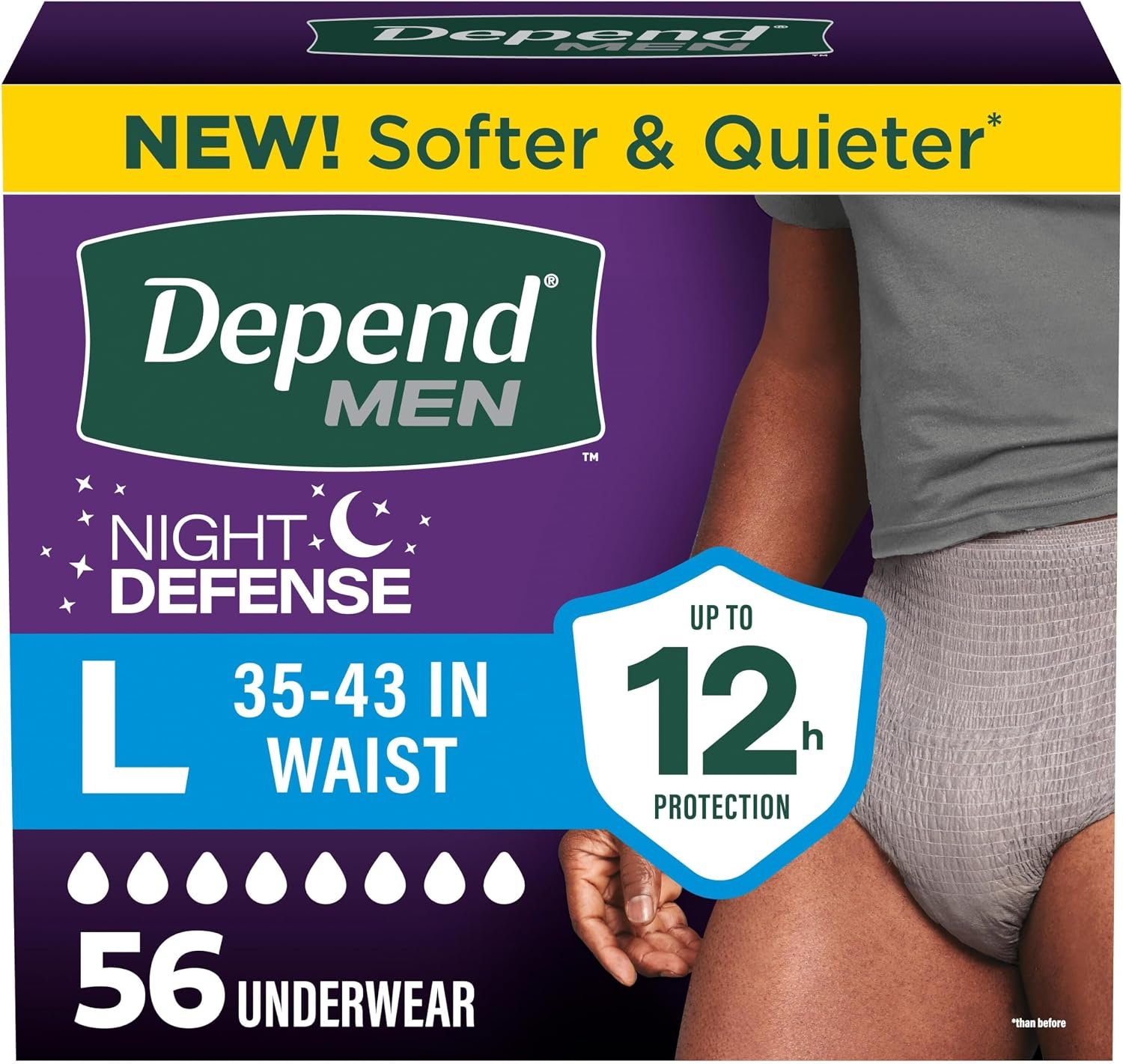 Depend Night Defense Adult Diapers, Incontinence Underwear for Men, Disposable, Overnight, Large, Grey, 56 Count (4 Packs of 14), Packaging May Vary