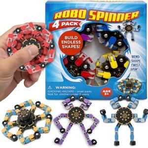 Robo Spinner Fidget Spinner Toys, 4 Pack – Transformable Sensory Fidget Toy for Kids & Adults – Stress Relief Anxiety Toy for Boys & Girls – Build Endless Shapes, Robot Party Favors, Birthday Gifts