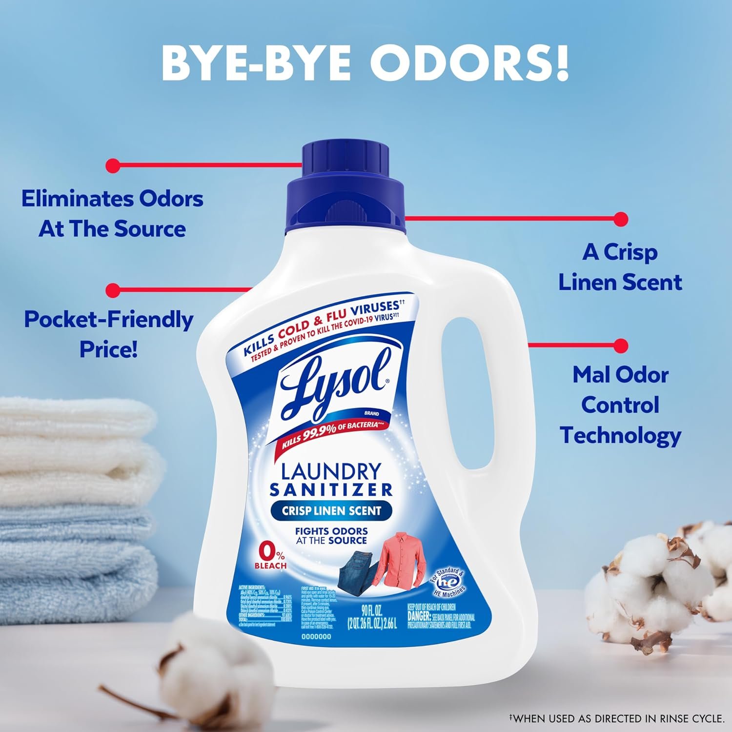 Lysol Laundry Sanitizer Additive, Bacteria-Causing Laundry Odor Eliminator, Detergent Additive, Crisp Linen, 90oz - Image 10