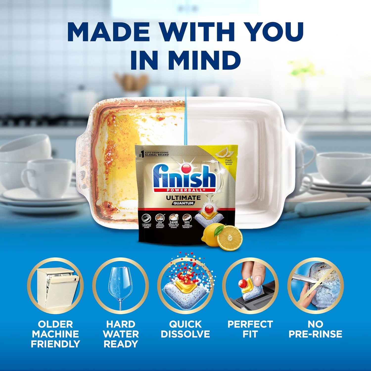Finish Ultimate Quantum Dishwasher Pods, New & Improved Formula, Dishwasher Detergent Dish Soap, Removes Burnt-On & Dried-On Stain, Degreasing & Scrubbing Power, Lemon Scent, 21 Count - Image 6