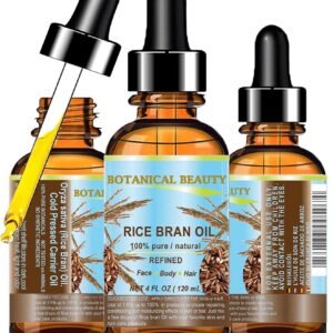 Botanical Beauty RICE BRAN OIL 100% Pure Natural Refined Undiluted Cold Pressed Carrier Oil for Face, Skin, Body, Hair, Massage, Nails. (4 Fl Oz)