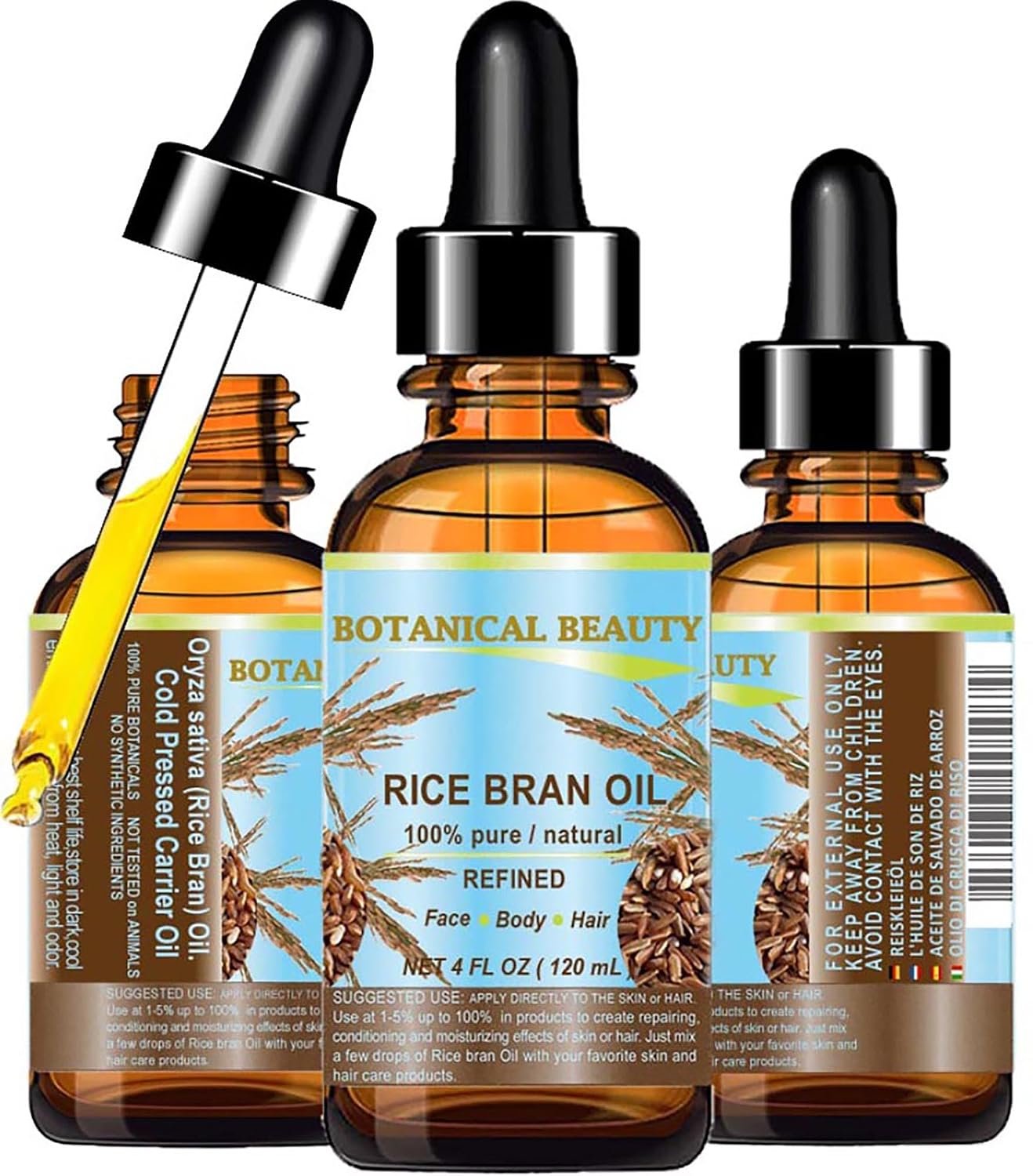 Botanical Beauty RICE BRAN OIL 100% Pure Natural Refined Undiluted Cold Pressed Carrier Oil for Face, Skin, Body, Hair, Massage, Nails. (4 Fl Oz)