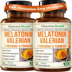 Melatonin 3mg + Valerian Root for Sleep, Daily Calm & Stress Relief Support – Natural Sleep Aid: Organic Turmeric Melatonin Valerian Supplement with L-Theanine, Ginger & Black Pepper – 2 Pack