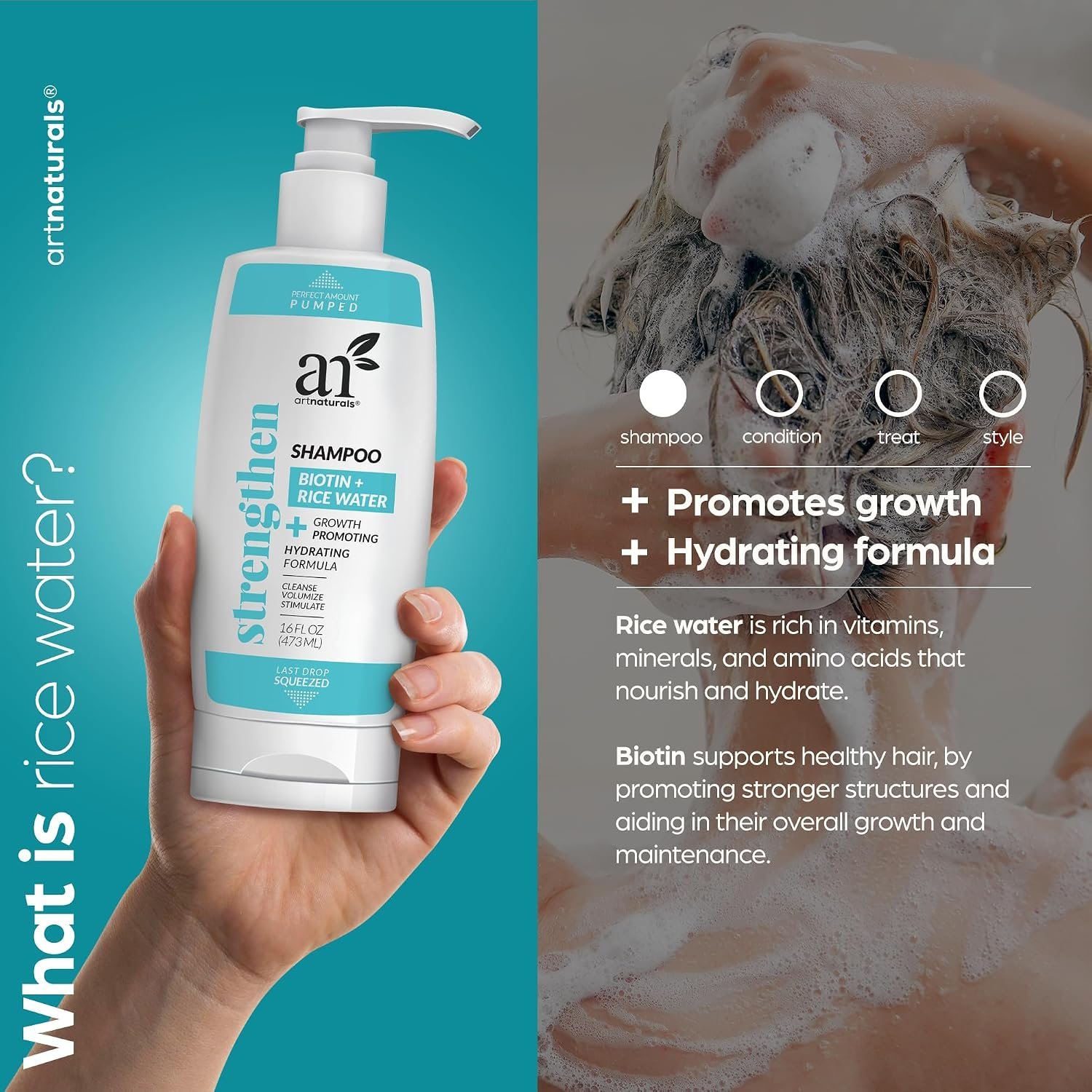 Artnaturals Rice Water + Biotin Shampoo - (16 Fl Oz / 473ml) - Sulfate Free – Dual Bottle -Made with Banana, Quinoa, and Coconut to Promote Strength, Shine, and Growth - Image 2
