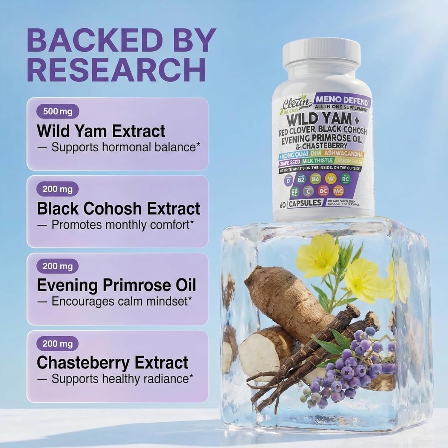 Clean Nutra Wild Yam Root Capsules with Red Clover Black Cohosh Evening Primrose Oil Chasteberry Dong Quai DIM Ashwagandha Grape Seed Extract Milk Thistle Lemon Balm and more Hormone Balance For Women - Image 3