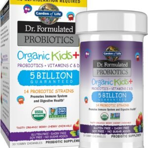 Garden of Life Dr. Formulated Probiotics Organic Kids+ – Digestive Health Support with Prebiotic Fiber & Vitamins C & D – Supports Immune Function – Berry Cherry, Shelf Stable – 30 Yummy Chewables