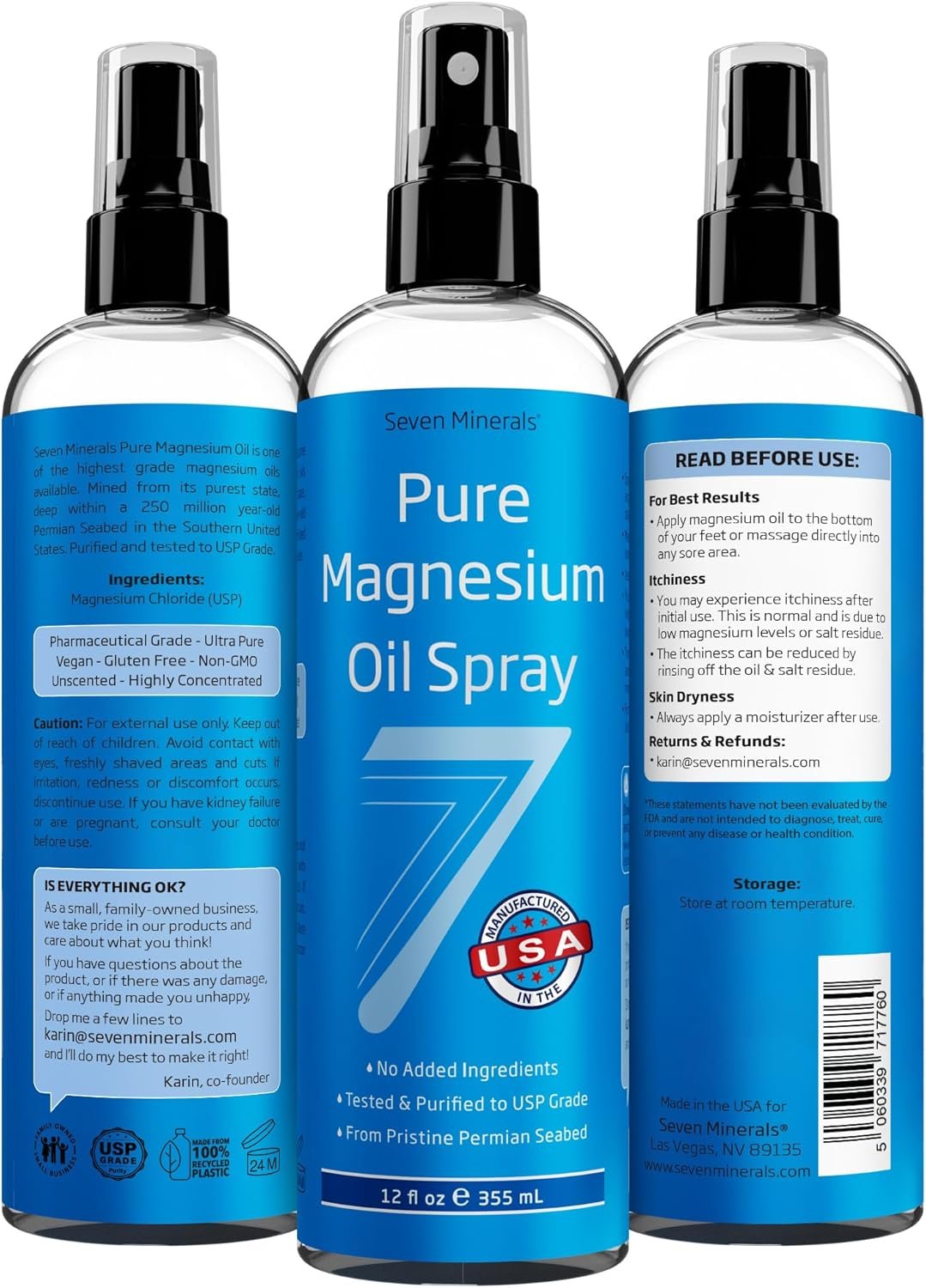 Seven Minerals Pure Magnesium Oil Spray, Big 12oz, USP Grade, Extra Strength, for Feet, Sleep, Muscle Pain & Cramps - Mined in The USA - Image 7