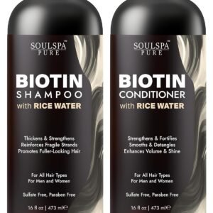 SOULSPA PURE Biotin Rice Water Shampoo and Conditioner Set – Thickening Formula with Rice Protein & Keratin – Strengthening Hair Care for Thinning Hair – 16 fl oz Each