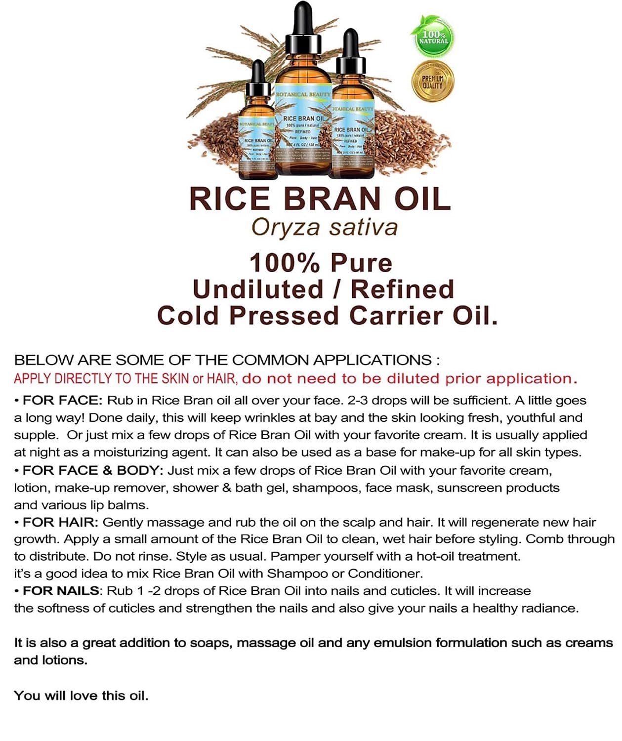Botanical Beauty RICE BRAN OIL 100% Pure Natural Refined Undiluted Cold Pressed Carrier Oil for Face, Skin, Body, Hair, Massage, Nails. (4 Fl Oz) - Image 7
