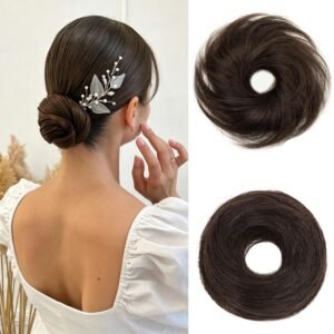 Messy Bun Hair Piece Human Hair Bun Scrunchies Dark Brown Wavy Curly Fluffy Tousled Donut Updo Ponytail Extension Elastic Hair Piece for High Ponytail and Low Chignon Styles（2#）