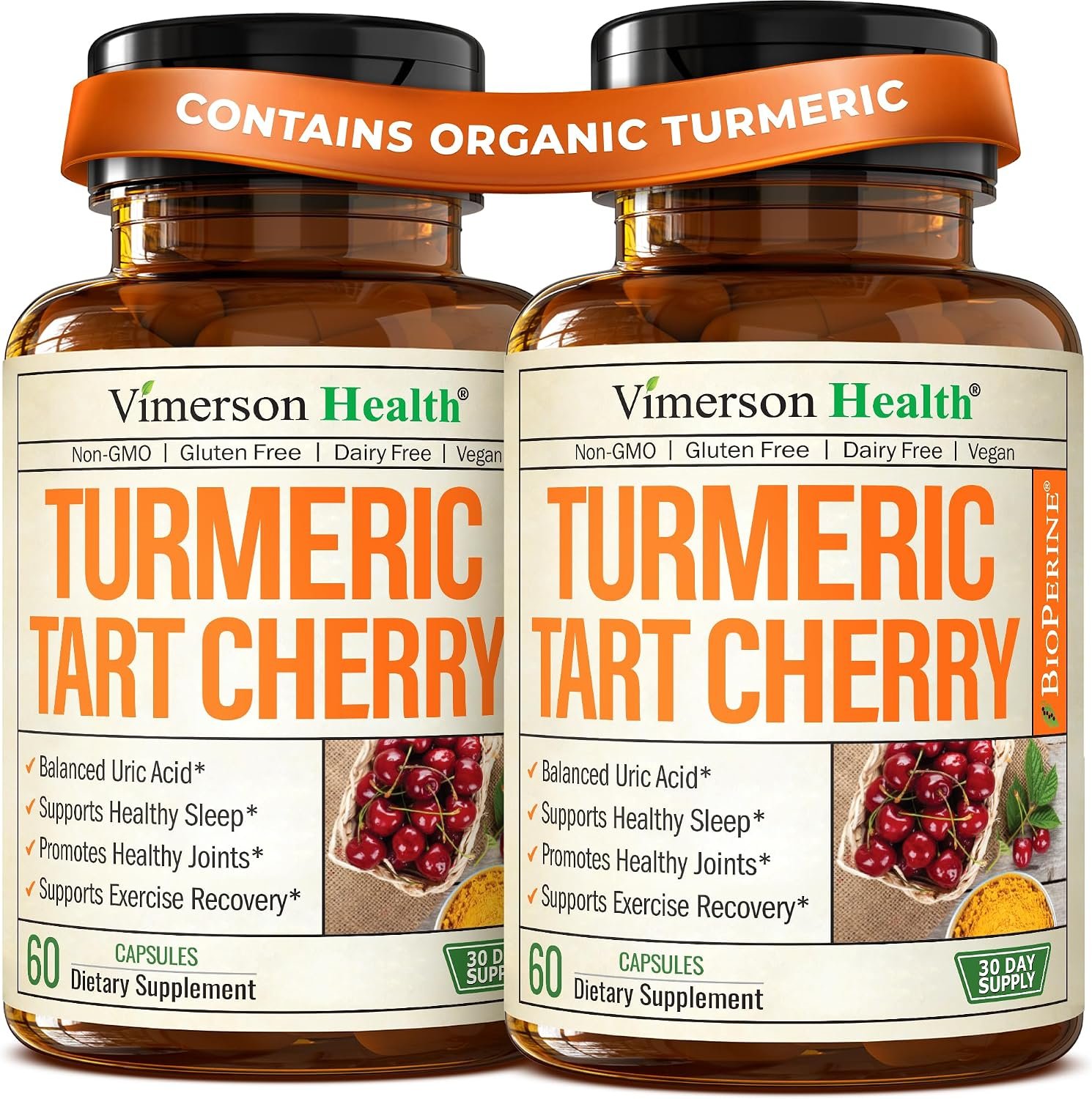 Tart Cherry Capsules – 4-in-1 Turmeric Tart Cherry Supplement for Uric Acid Balance & Joint Health – 10:1 Tart Cherry Extract Capsules with Celery Seed, Turmeric Curcumin & Black Pepper – 2 Pack