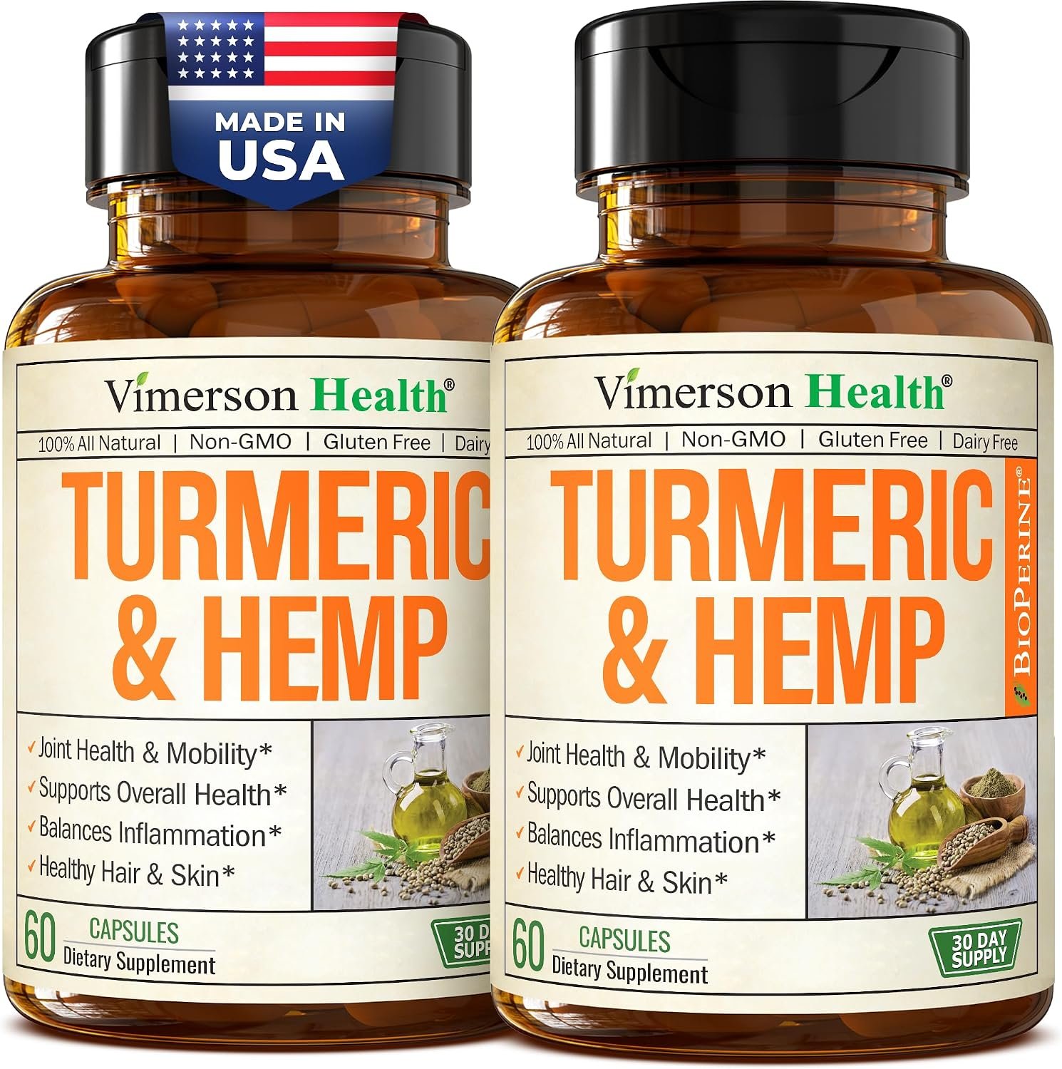 Turmeric Curcumin Supplement with Hemp Seeds & Lemon Balm Extract – Joint Health & Mobility – Calm Mood & Restful Sleep – with Black Pepper for Absorption – Joint Supplement for Men & Women - 2 Pack