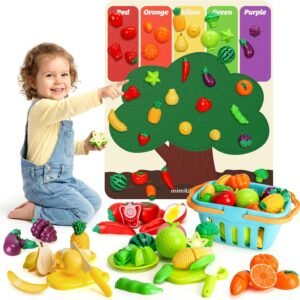 SOCBTNSO Pretend Play Food Set with Felt Tree Mat & Storage Basket: Kitchen Accessories Toys| Fruit and Veggie Sensory Toy| Montessori Color Sorting| Gift for 3 4 5 6 Year Old Toddlers Kids Boys Girls