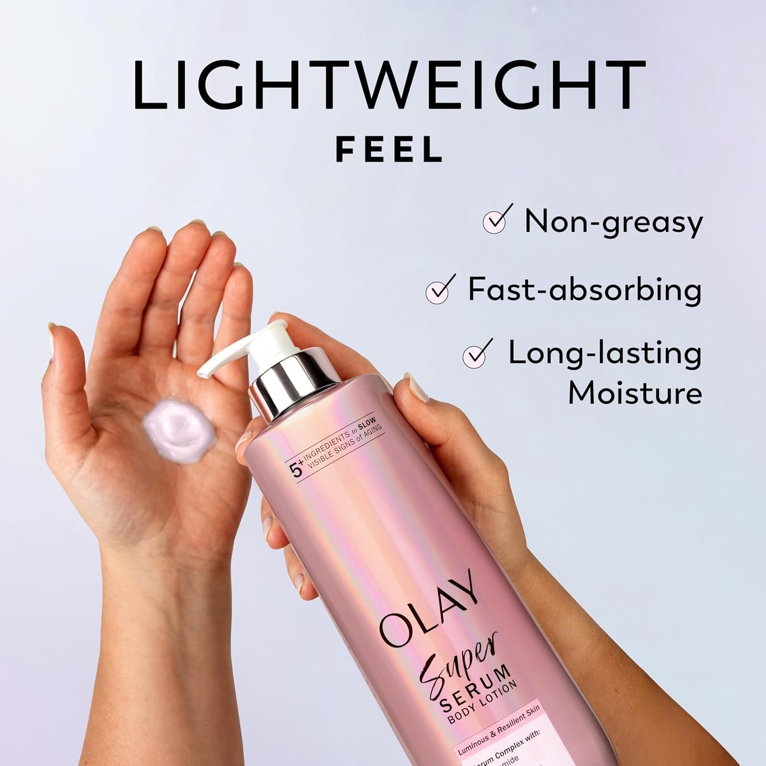 Olay Super Serum Hand & Body Lotion for Dry Skin, 24hr Long Lasting Hydration, 5+ Ingredient Complex for Bright Even Firm Luminous Skin, Sweet Vanilla & Soft Wood Scent, 18.5 fl oz - Image 6