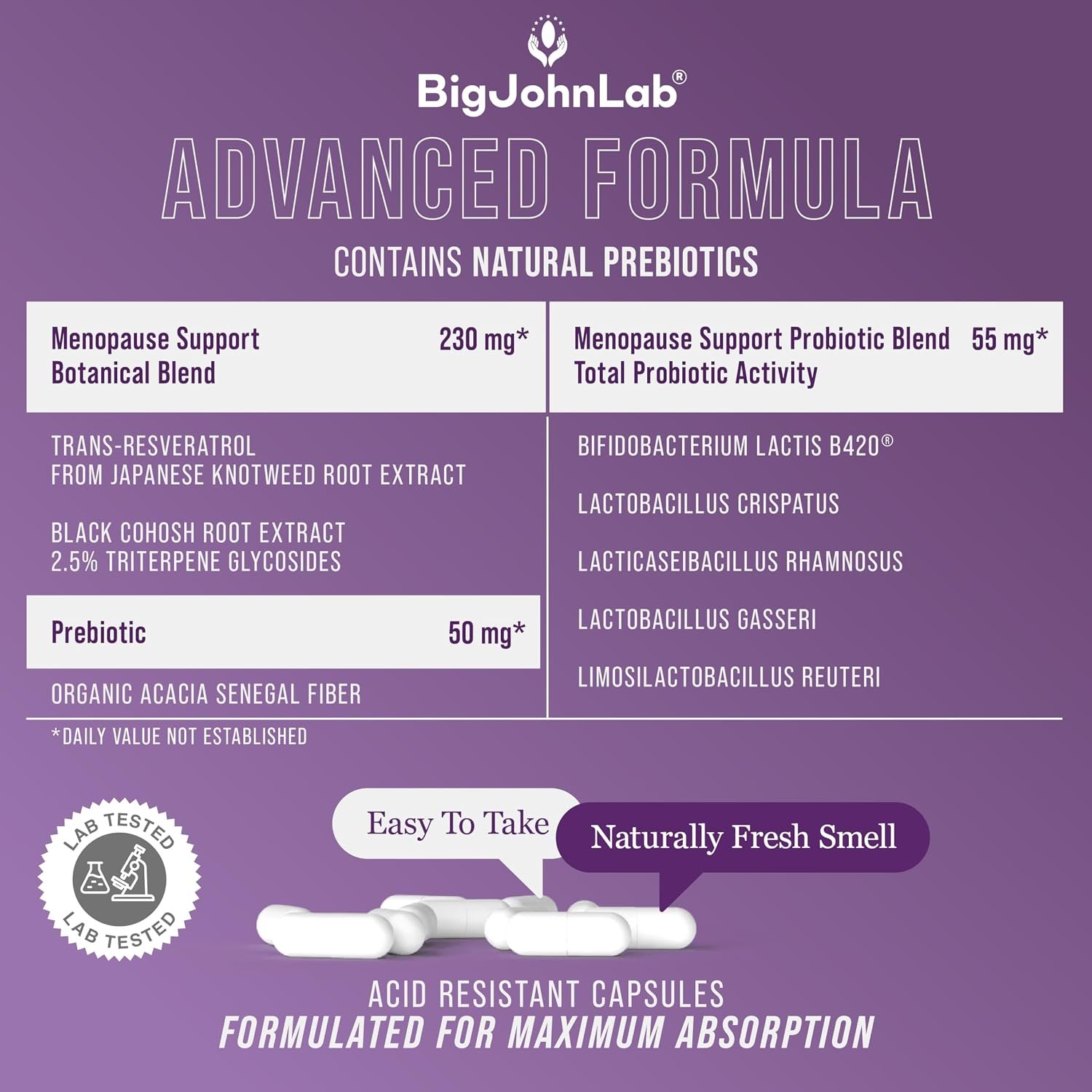 BIGJOHNLAB® - Menopause Total Support – Advanced Probiotic Formula with 5 Strains & 15 Billion CFU, Resveratrol, Black Cohosh, Acacia Fiber, Non-GMO & 100% Vegetarian - Image 6