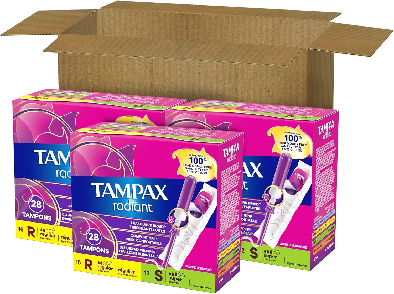 Tampax Radiant Tampons for Women Multipack, with LeakGuard Braid, Regular/Super Absorbency, Unscented, 84 Count (3 Packs of 28), Packaging May Vary - Image 11