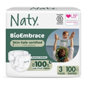 Naty BioEmbrace Baby Diapers | Sensitive Skin Safe Certified | Leak Protection up to 100% | Plant-Based Softness, Premium Comfort | Chlorine-Free | Size 3 (9–20 lbs), 100 Count