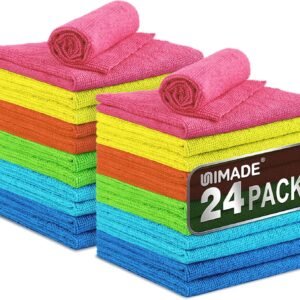 UNIMADE Microfiber Cleaning Cloth, 24 Pack Reusable Microfiber Towels for Cars Lint Free Cleaning Shop Towel Rags for Home Kitchen Automotive Bar Mechanic Restaurant Garage, 11″x 12″, Multicolor