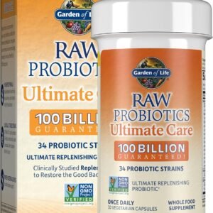 Garden of Life Raw Probiotics for Women and Men with Digestive Enzymes, 100 Billion CFU, Clinically Studied Strains, Shelf Stable, 30 Capsules