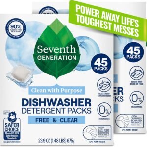 Seventh Generation Dishwasher Detergent Packs, Free & Clear, 45 Count, Pack of 2, Plant Powered Cleaning, Fights Greasy Reside & Stuck-On Food For Sparkling Dishes, Fragrance-Free & Septic Safe