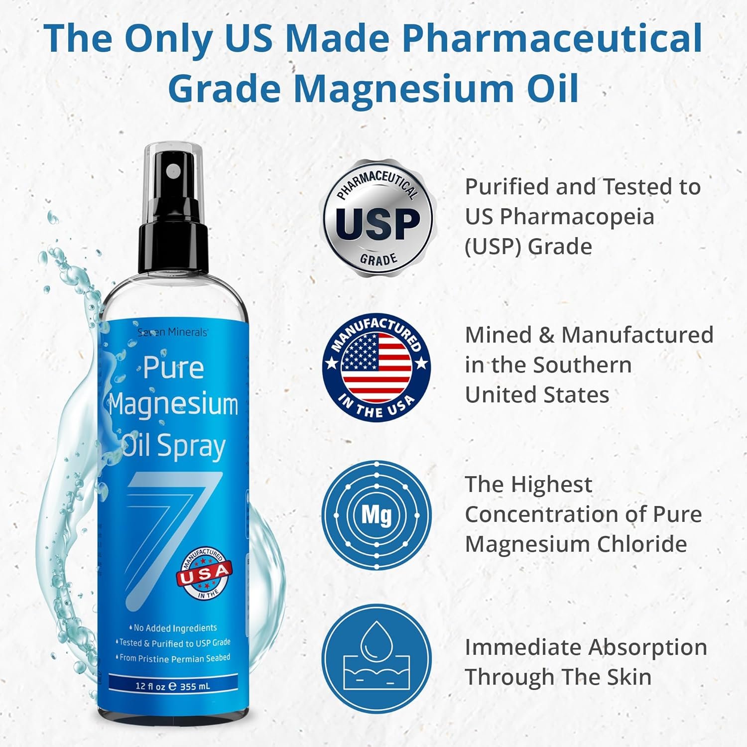 Seven Minerals Pure Magnesium Oil Spray, Big 12oz, USP Grade, Extra Strength, for Feet, Sleep, Muscle Pain & Cramps - Mined in The USA - Image 2