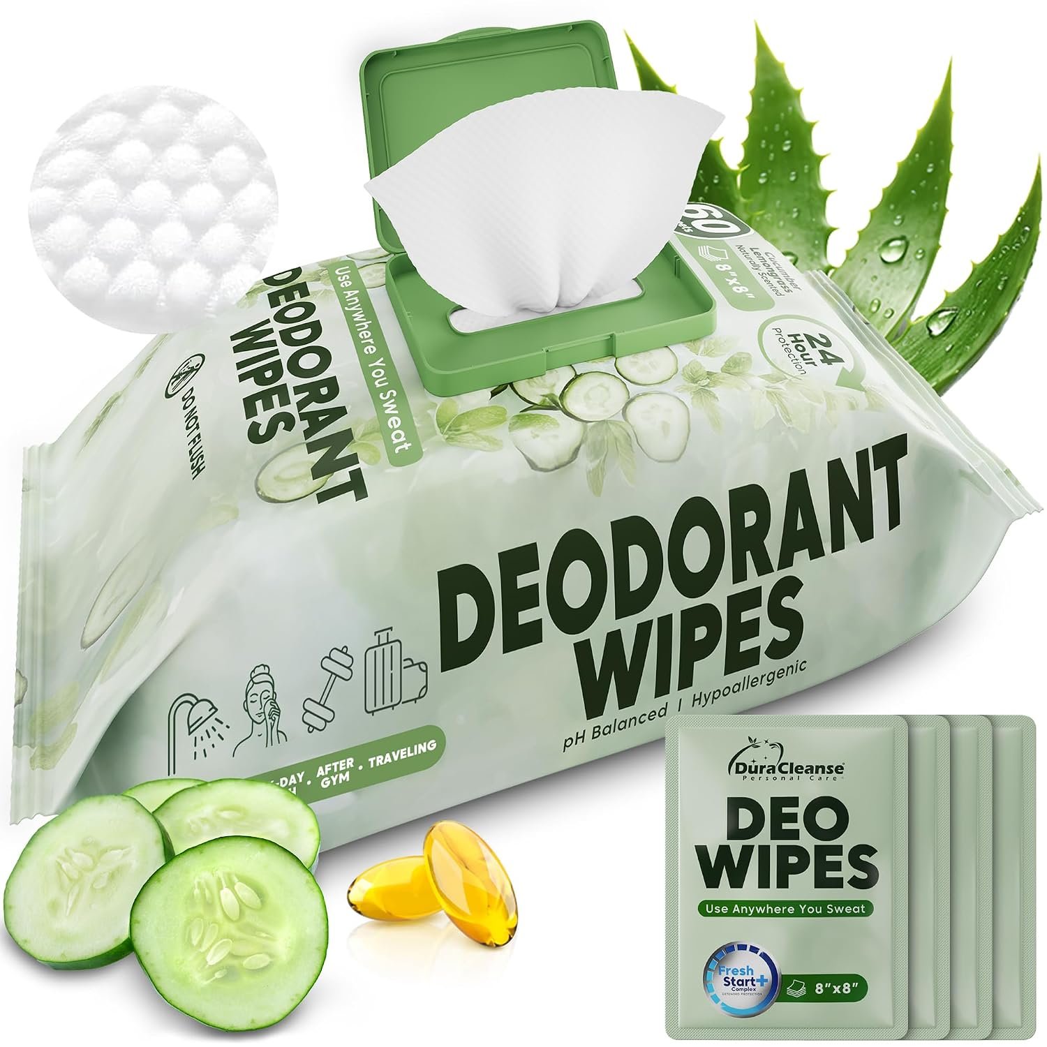 XL Deodorant Wipes for Women - 60 Ct. + 4 Travel Body Wipes Individually Wrapped - 8"x8" Odor Eliminator Towelettes for Underarm, Body, Feet - pH Balanced Armpit Smell Remover for Gym & Post Workouts