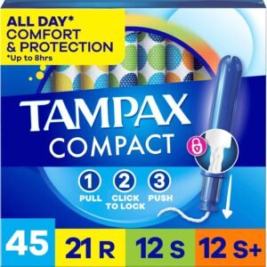 Tampax Compact Pearl Tampons for Women Multipack, with LeakGuard Braid & Extendable Applicator, Regular/Super/Super Plus Absorbency, Compact Extendable Applicator, Unscented, 45 Count