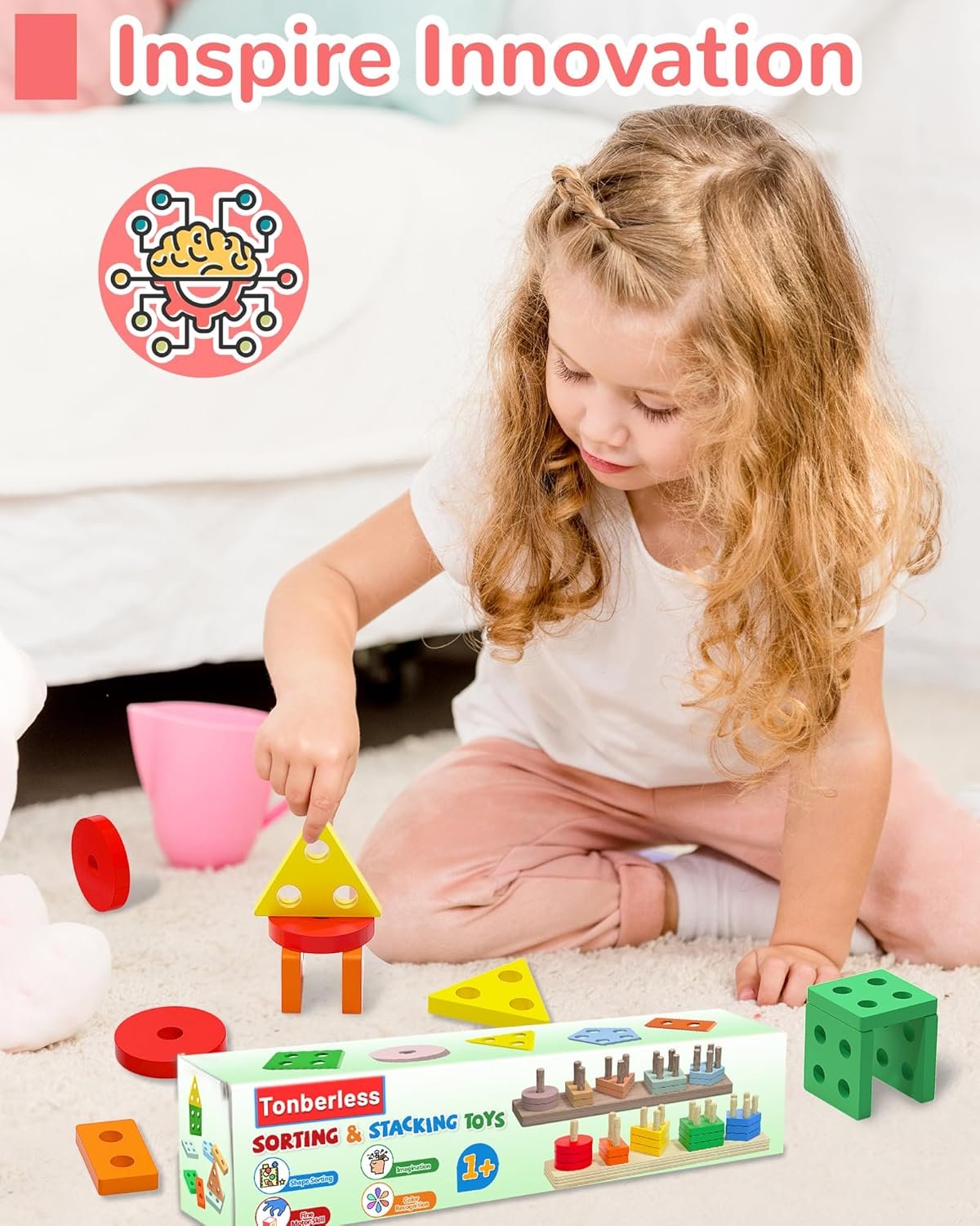 Tonberless Montessori Toys for 1 2 3 Year Old Boy Girl, Toys for Ages 2-4 Toddlers Kids Baby, 1 2 Year Old Boy Girl Birthday Gifts, Wooden Learning Puzzles Shape Sorter Toys for Toddlers 1-3 - Image 4