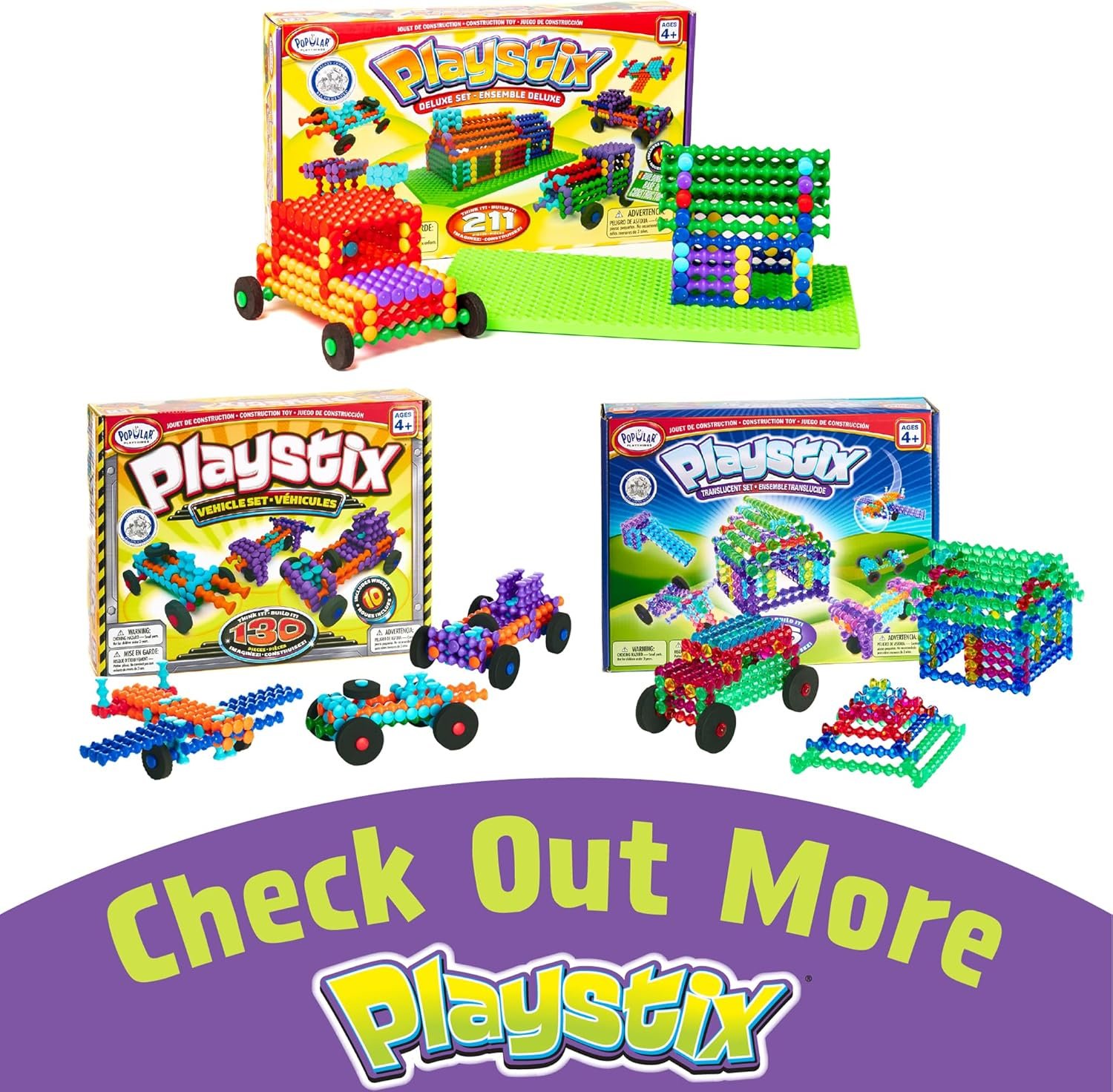 POPULAR PLAYTHINGS Playstix Construction Toy Set with Building Sticks for STEM and Classroom Use, for Kids Ages 4 and Up - 150 Piece Kit - Image 7
