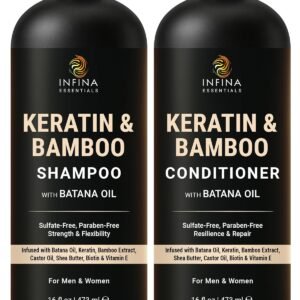 INFINA ESSENTIALS Rice Water Shampoo and Conditioner Set | 16 fl oz Each | with Batana Oil & Ginseng | Rice Shampoo for Repairing Damaged Hair | Strengthening & Thickening Formula