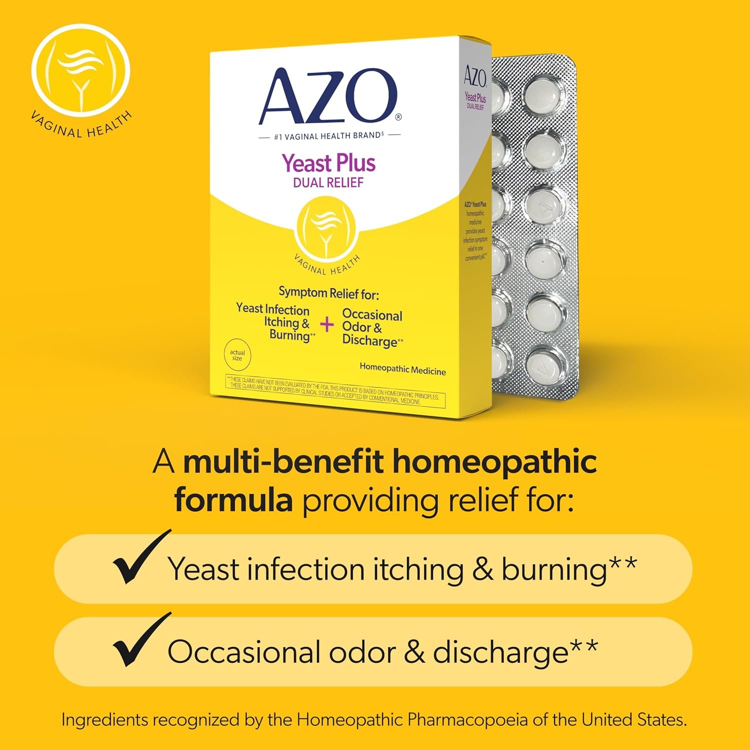 AZO Yeast Plus Dual Homeopathic Yeast Infection Symptom Relief for Women–Vaginal Itching & Burning + Odor & Discharge, Intimate Health Tablets, 2 Pack (60 Count x2), from the #1 Vaginal Health Brand! - Image 4
