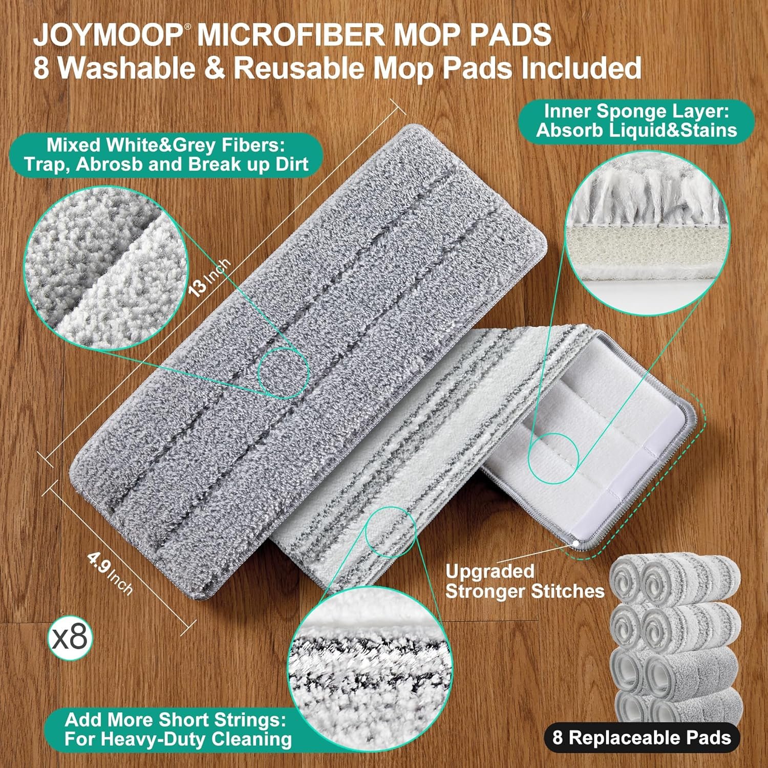 JOYMOOP Flat Mop System, Microfiber Mop and Bucket Set, White, Household & Commercial Floor Cleaning Mop with Long Handle, Wet Dry Use, Includes 8 Mop Pads - Image 7