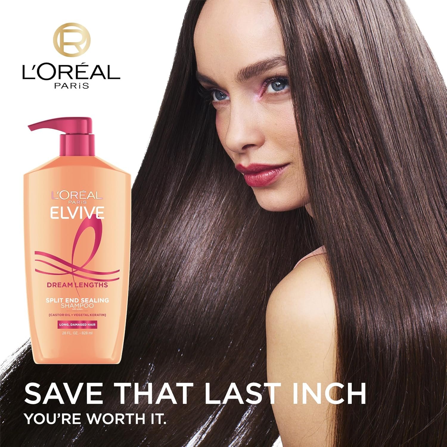 L'Oreal Paris Elvive Dream Lengths Shampoo and Conditioner Set, Seals Split Ends, Hydrating & Strengthening Hair Repair, Fine Castor Oil and Vitamins B3 and B5, 56 Fl Oz Set - Image 2